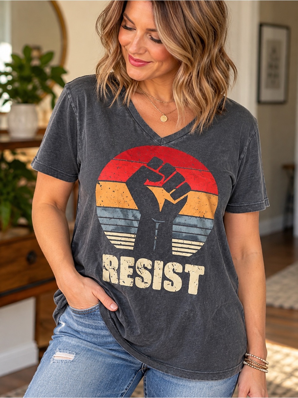 Resist Graphic V-Neck Tee - Charcoal